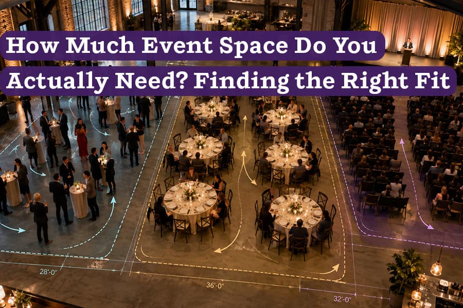Overhead event venue showing reception, banquet, and theater layouts with guest-flow and floor-plan overlays